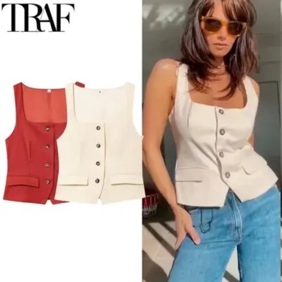 Zara Off-White Square Neck Button Down Sleeveless Vest Top - Picture 1 of 5